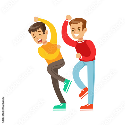 Two Boys Fist Fight Positions, Aggressive Bully In Long Sleeve Red Top Fighting Another Kid Who Is Weaker But Is Fighting Back