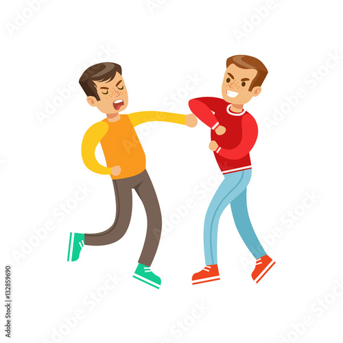 Two Equally Strong Boys Fist Fight Positions, Aggressive Bully In Long Sleeve Red Top Fighting Another Kid Who Is Weaker But Is Fighting Back