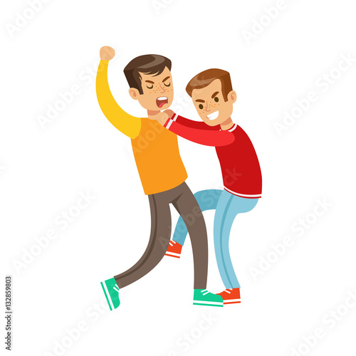 Two Boys Fist Fight Positions, Aggressive Bully In Long Sleeve Red Top Fighting Another Kid Kicking With Leg