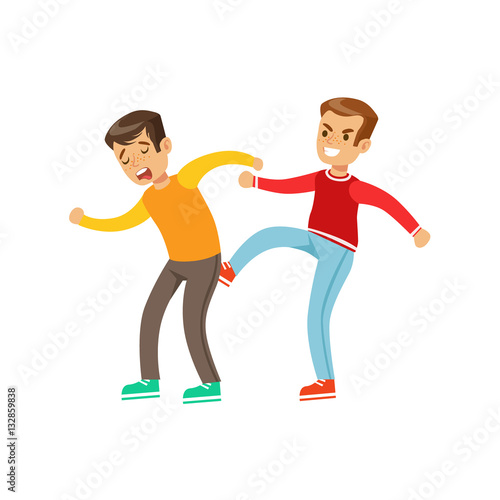 Two Boys Fist Fight Positions, Aggressive Bully In Long Sleeve Red Top Fighting Another Kid Kicking Him In Butt