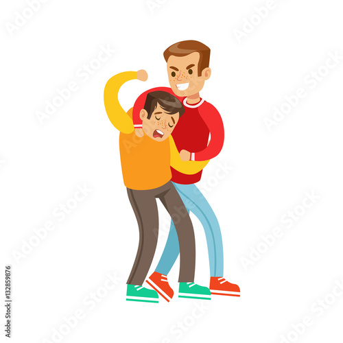 Two Boys Fist Fight Positions, Aggressive Bully In Long Sleeve Red Top Fighting Another Kid Using Strangling Technique