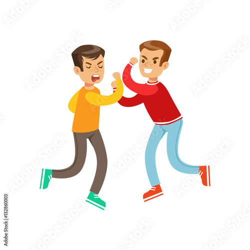 Two Equal Size Boys Fist Fight Positions, Aggressive Bully In Long Sleeve Red Top Fighting Another Kid Who Is Weaker But Is Fighting Back