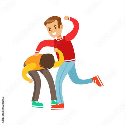 Two Boys Fist Fight Positions, Aggressive Bully In Long Sleeve Red Top Fighting Another Kid Hitting Him In Back