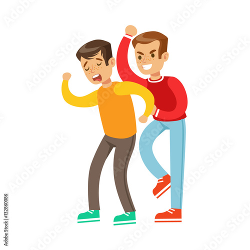 Two Boys Fist Fight Positions, Aggressive Bully In Long Sleeve Red Top Fighting Another Kid Who Is Weaker And Crying