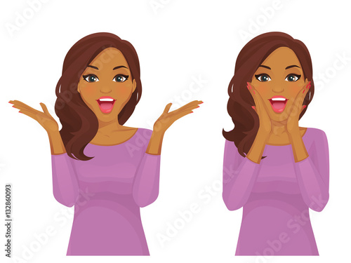 Surprised beautiful woman smiling with open mouth isolated