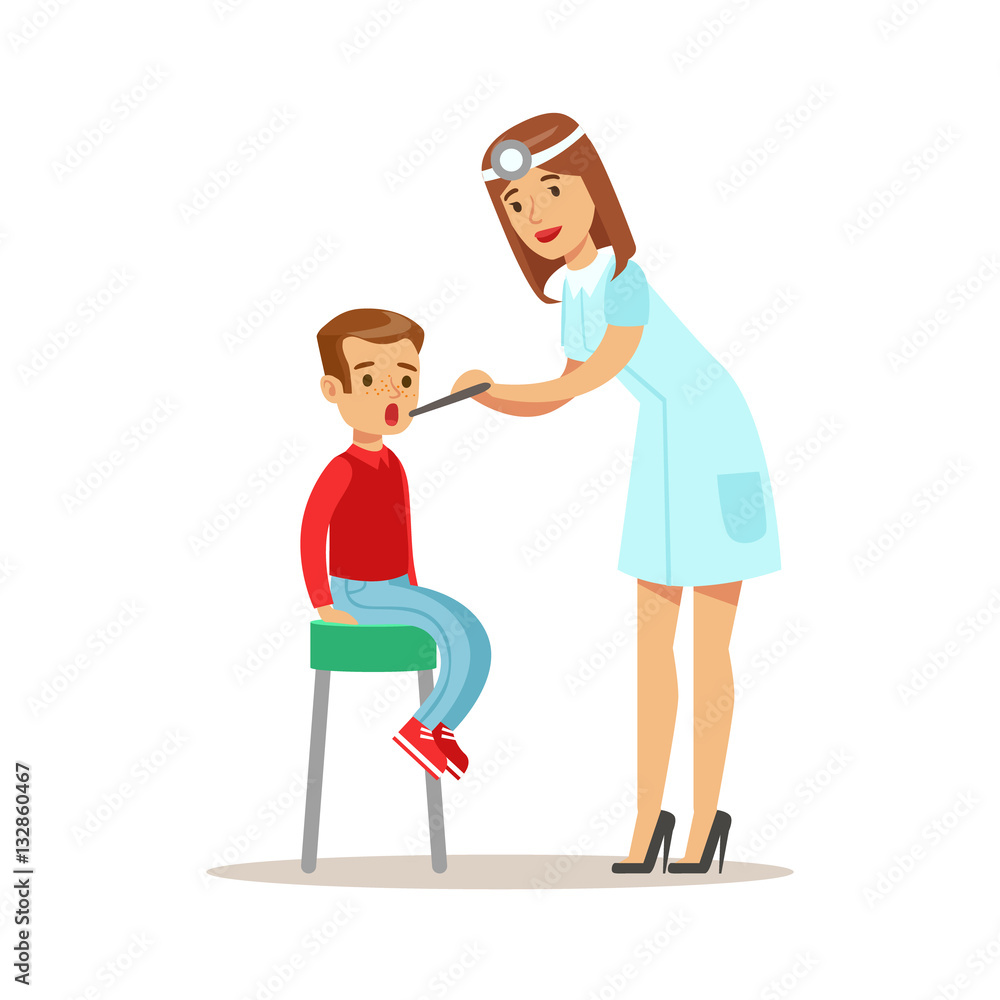Kid On Medical Check-Up With Female Pediatrician Doctor Doing Physical Examination Checking Throat For The Pre-School Health Inspection Kid On Medical Check-Up With Female Pediatrician Doctor Doing Physical Examination Checking Throat For The Pre-School Health Inspection