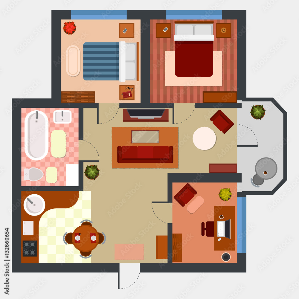 Flat or apartment with rooms top view Flat or apartment with rooms top view