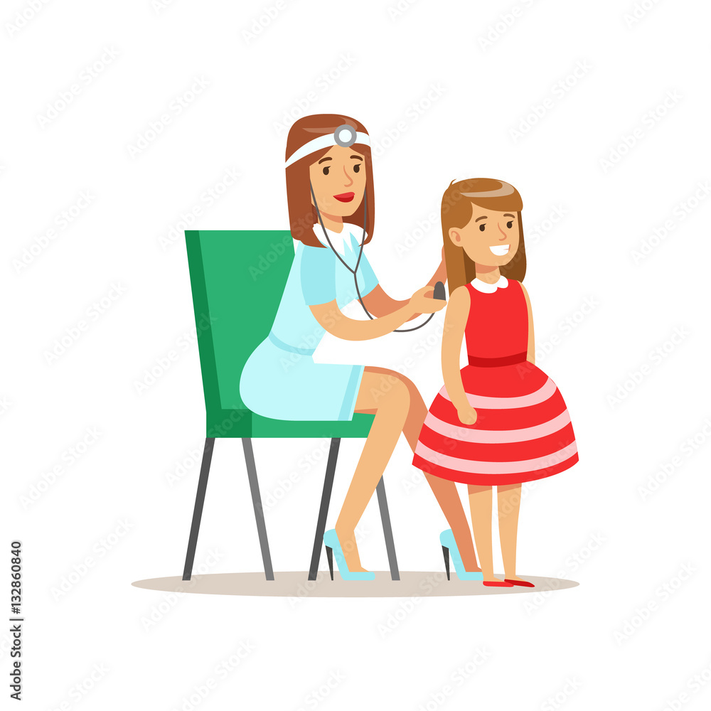 Girl Checked With Sthetoscope On Medical Check-Up With Female Pediatrician Doctor Doing Physical Examination For The Pre-School Health Inspection Girl Checked With Sthetoscope On Medical Check-Up With Female Pediatrician Doctor Doing Physical Examination For The Pre-School Health Inspection