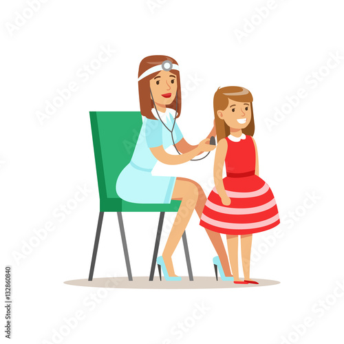 Girl Checked With Sthetoscope On Medical Check-Up With Female Pediatrician Doctor Doing Physical Examination For The Pre-School Health Inspection