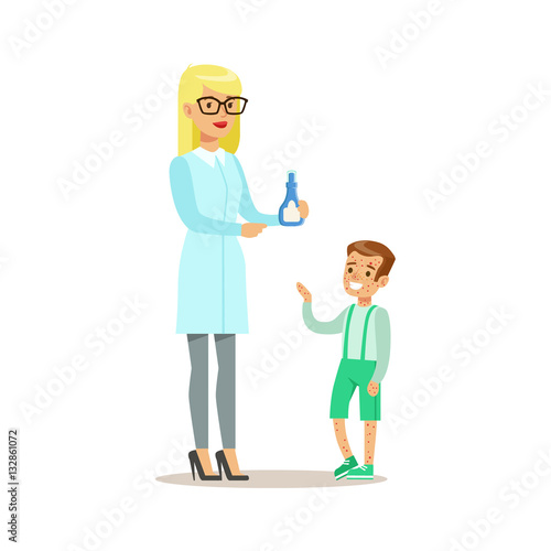Boy With Rash On Medical Check-Up With Female Pediatrician Doctor Doing Physical Examination For The Pre-School Health Inspection