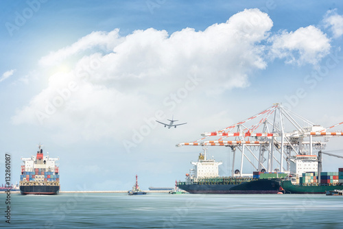 Container cargo ship and cargo plane with port crane bridge in harbor, Freight Transportation, Shipping