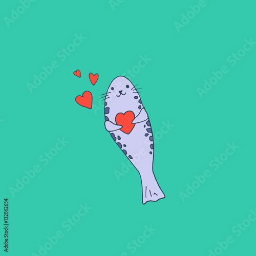 Canvas Print Cute baby seal in love with hearts - vector hand drawn illustration