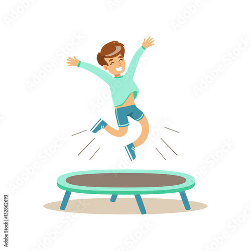 Boy Jumping On Trampoline, Kid Practicing Different Sports And Physical Activities In Physical Education Class