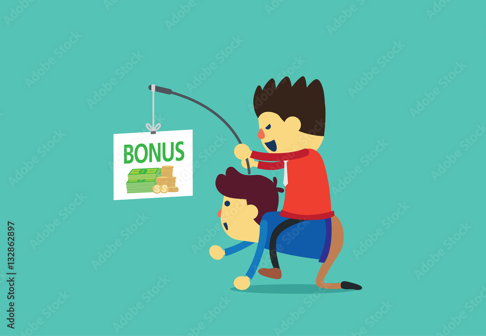 Businessman bestride on back of officer and using bonus for motivation him to work. Businessman bestride on back of officer and using bonus for motivation him to work.