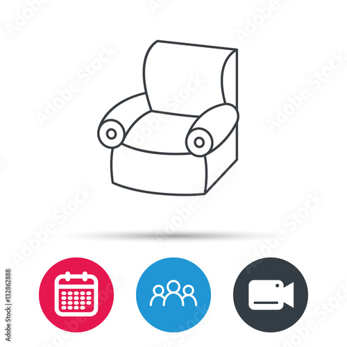 Armchair icon. Comfortable furniture sign. Group of people, video cam and calendar icons. Vector