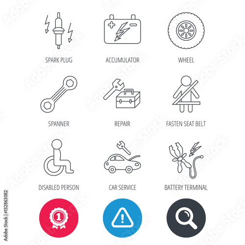 Achievement and search magnifier signs. Accumulator, spanner tool and car service icons. Repair toolbox, wheel and spark plug linear signs. Disabled person, battery terminal icons. Vector