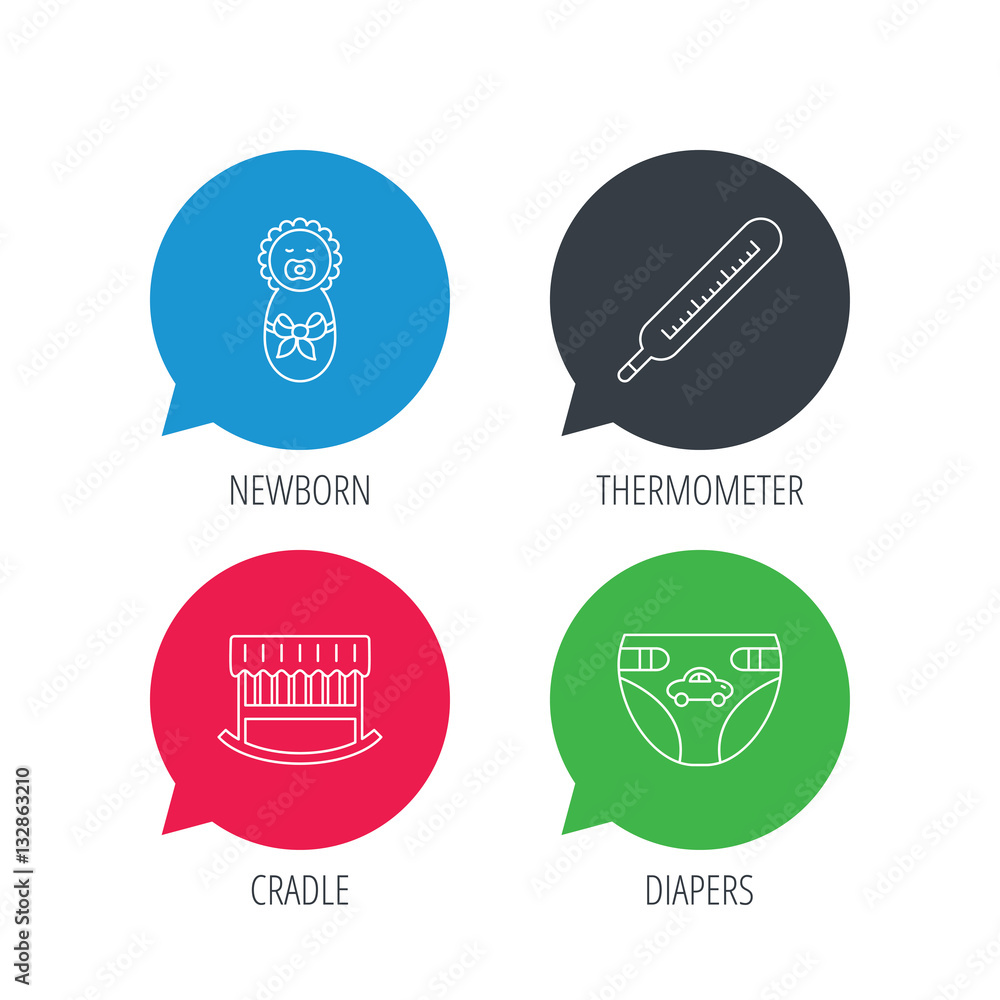Colored speech bubbles. Newborn, diapers and thermometer icons. Cradle bed linear sign. Flat web buttons with linear icons. Vector