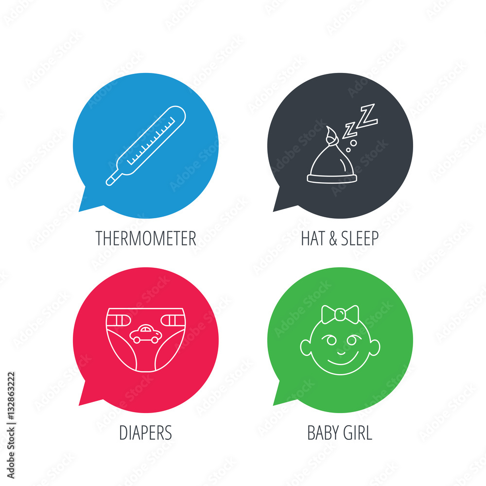 Colored speech bubbles. Thermometer, diapers and sleep hat icons. Baby girl linear sign. Flat web buttons with linear icons. Vector Colored speech bubbles. Thermometer, diapers and sleep hat icons. Baby girl linear sign. Flat web buttons with linear icons. Vector