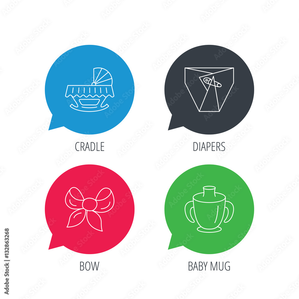 Colored speech bubbles. Baby mug, diapers and cradle bed icons. Bow linear sign. Flat web buttons with linear icons. Vector