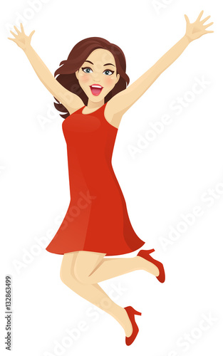 Happy woman in red dress jumping isolated