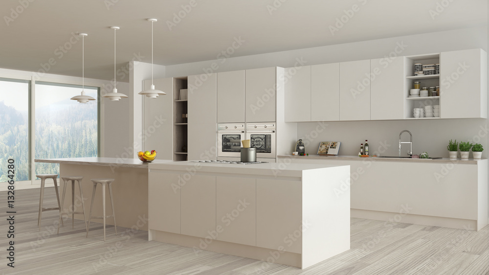 Scandinavian white kitchen with wooden and white details, minima Scandinavian white kitchen with wooden and white details, minima