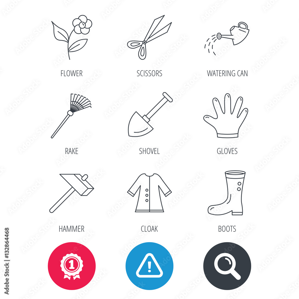 Achievement and search magnifier signs. Scissors, hammer and gloves icons. Shovel, watering can and rake linear signs. Cloak, boots and flower flat line icons. Hazard attention icon. Vector