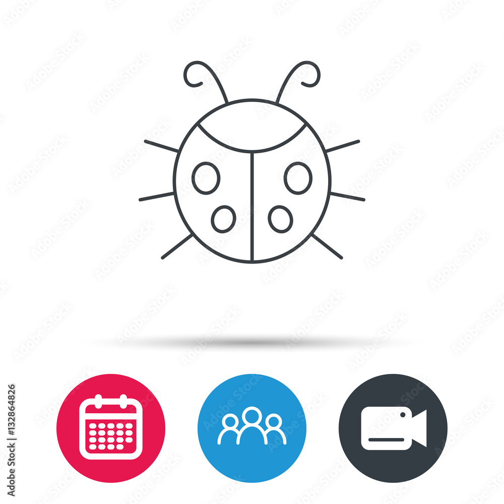 Ladybug icon. Ladybird insect sign. Flying beetle bug symbol. Group of people, video cam and calendar icons. Vector Ladybug icon. Ladybird insect sign. Flying beetle bug symbol. Group of people, video cam and calendar icons. Vector
