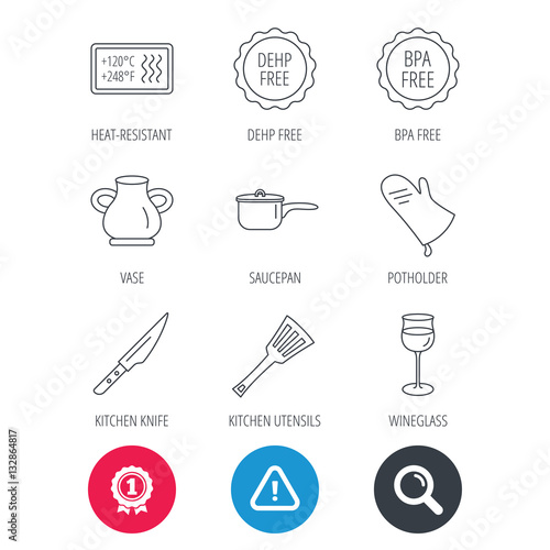 Achievement and search magnifier signs. Saucepan, potholder and wineglass icons. Kitchen knife, utensils and vase linear signs. Heat-resistant, BPA, DEHP free icons. Hazard attention icon. Vector