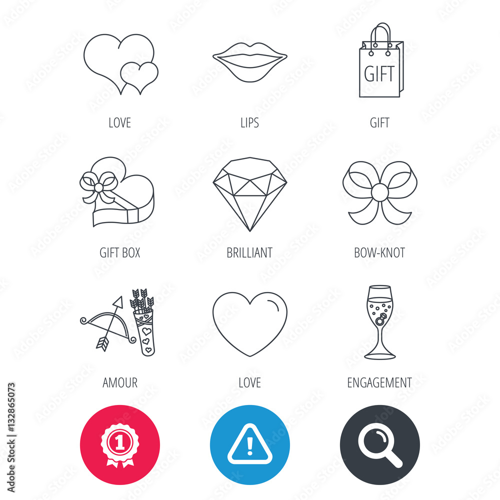 Achievement and search magnifier signs. Love heart, brilliant and engagement ring icons. Bow, smile and gift box linear signs. Valentine amour arrows flat line icons. Hazard attention icon. Vector