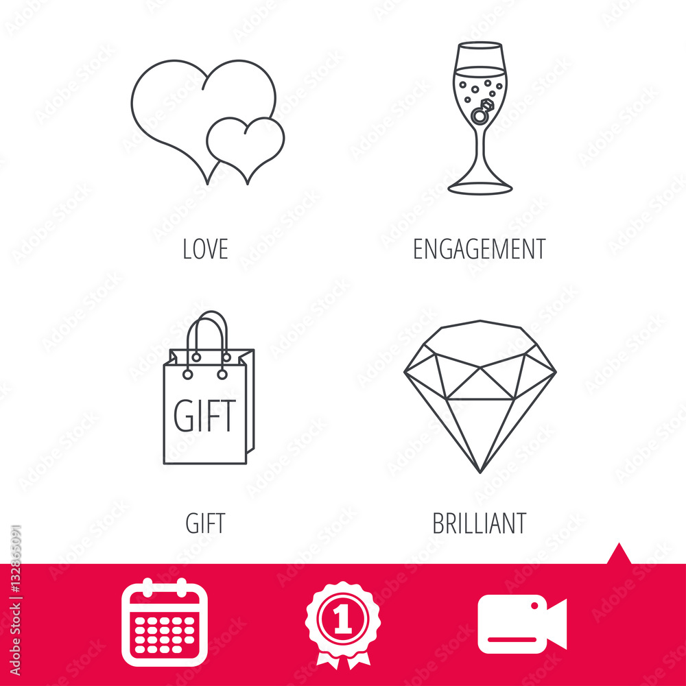 Achievement and video cam signs. Love heart, gift box and wedding ring icons. Brilliant and engagement linear signs. Calendar icon. Vector Achievement and video cam signs. Love heart, gift box and wedding ring icons. Brilliant and engagement linear signs. Calendar icon. Vector