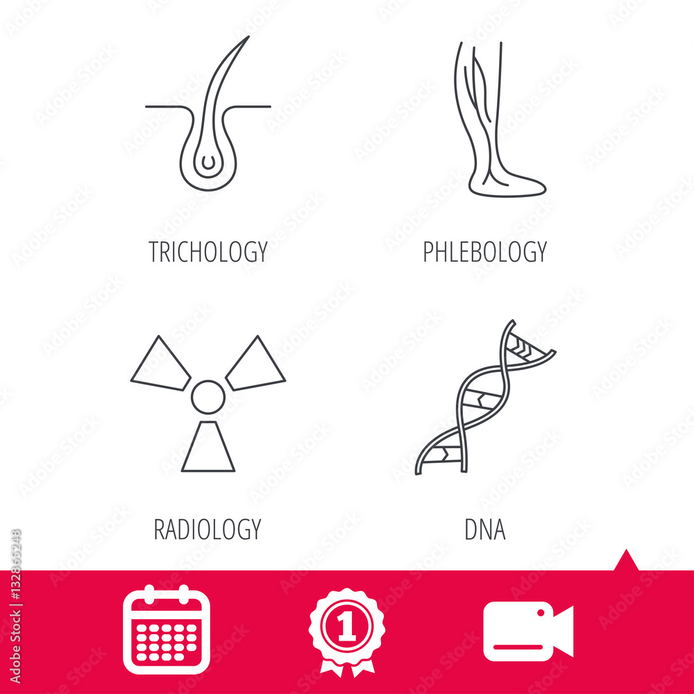 Fototapeta premium Achievement and video cam signs. Phlebology, trichology and DNA icons. Radiology linear sign. Calendar icon. Vector