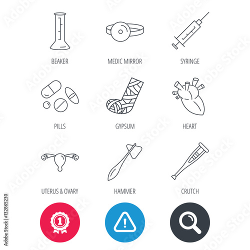 Achievement and search magnifier signs. Syringe, beaker and pills icons. Crutch, medical hammer and mirror linear signs. Heart, broken leg and uterus ovary icons. Hazard attention icon. Vector
