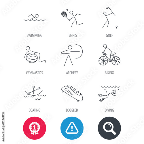 Achievement and search magnifier signs. Swimming, tennis and golf icons. Biking, diving and gymnastics linear signs. Archery, boating and bobsleigh icons. Hazard attention icon. Vector
