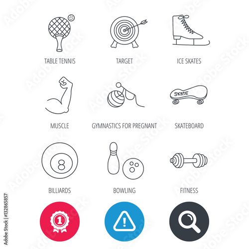 Achievement and search magnifier signs. Target, table tennis and fitness sport icons. Skateboard, muscle and bowling linear signs. Ice skates, billiards and gymnastics icons. Hazard attention icon