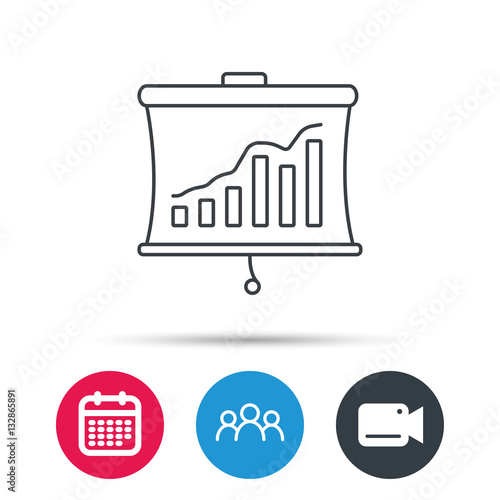 Statistic icon. Presentation board sign. Growth chart symbol. Group of people, video cam and calendar icons. Vector