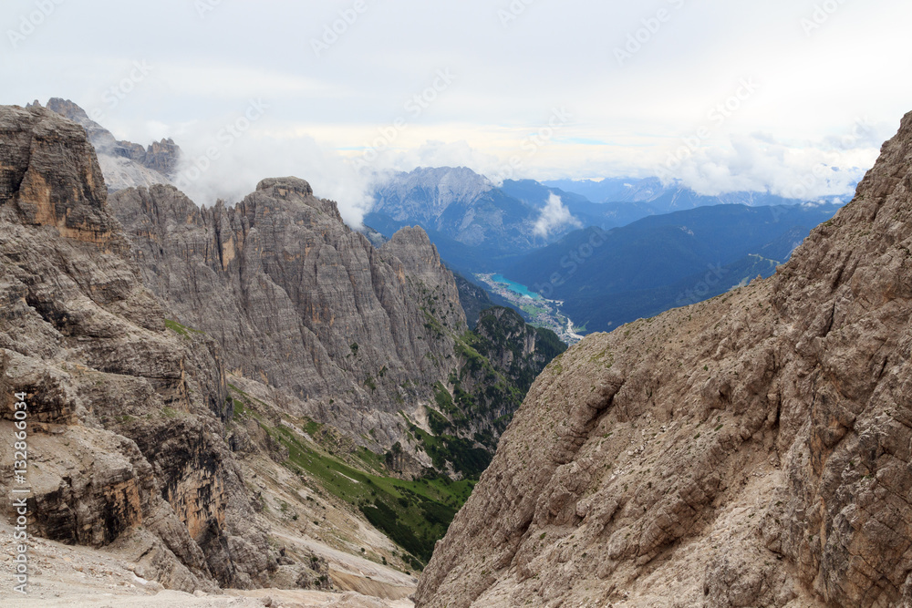 Sexten Dolomites mountain panorama with lake Lago di Auronzo at Via Ferrata Severino Casara in South Tyrol, Italy Sexten Dolomites mountain panorama with lake Lago di Auronzo at Via Ferrata Severino Casara in South Tyrol, Italy