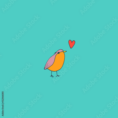 Cute baby robin bird in love with hearts - vector hand drawn illustration. Childish kawaii style sketch with small animal. Valentines day romantic greeting card