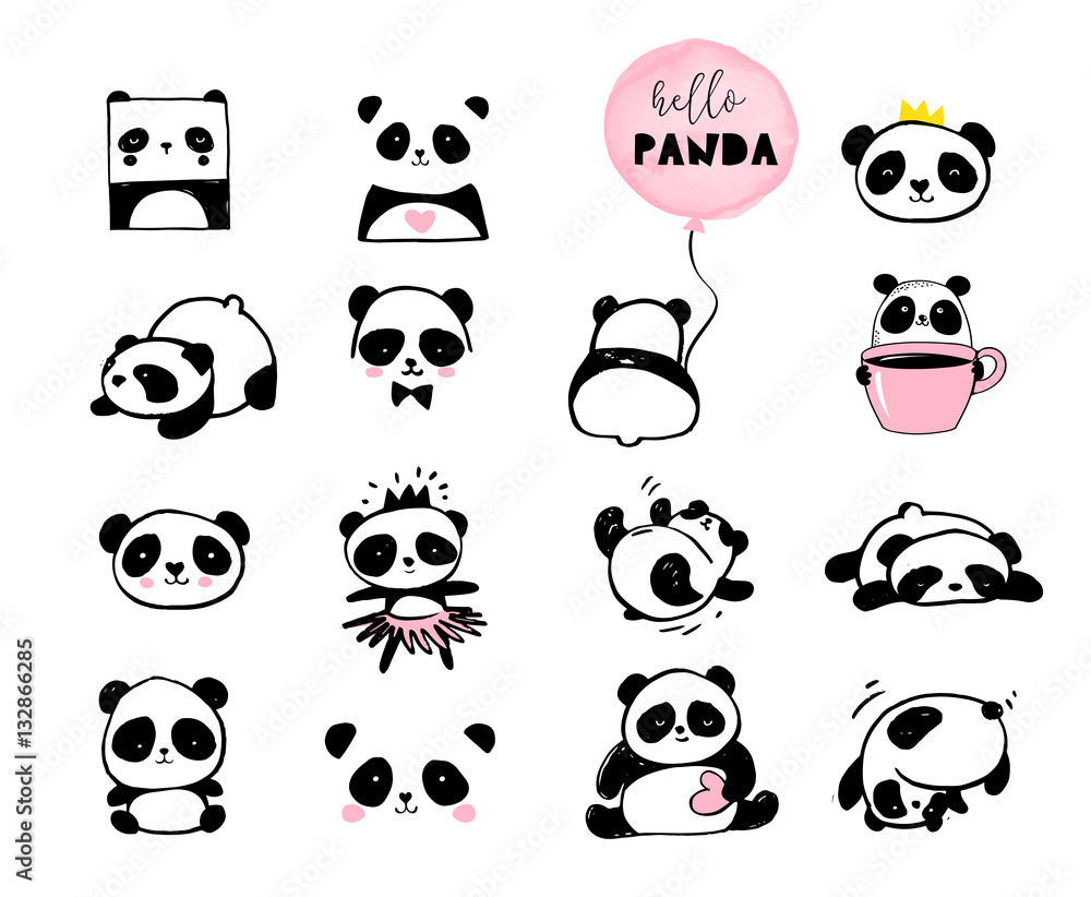Naklejka premium Słodkie ilustracje Miś Panda, zbiór elementów wektor ręcznie rysowane, ikony czarno-białe