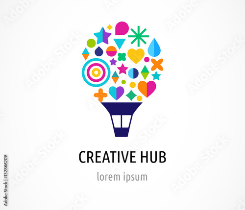 Creative, digital abstract and children style colorful icon of hot air balloon with colorful happy icons, symbols