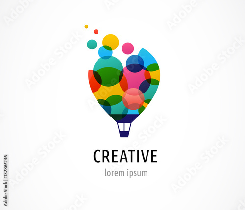 Creative, digital abstract and children style colorful icon of hot air balloon with colorful happy icons, symbols