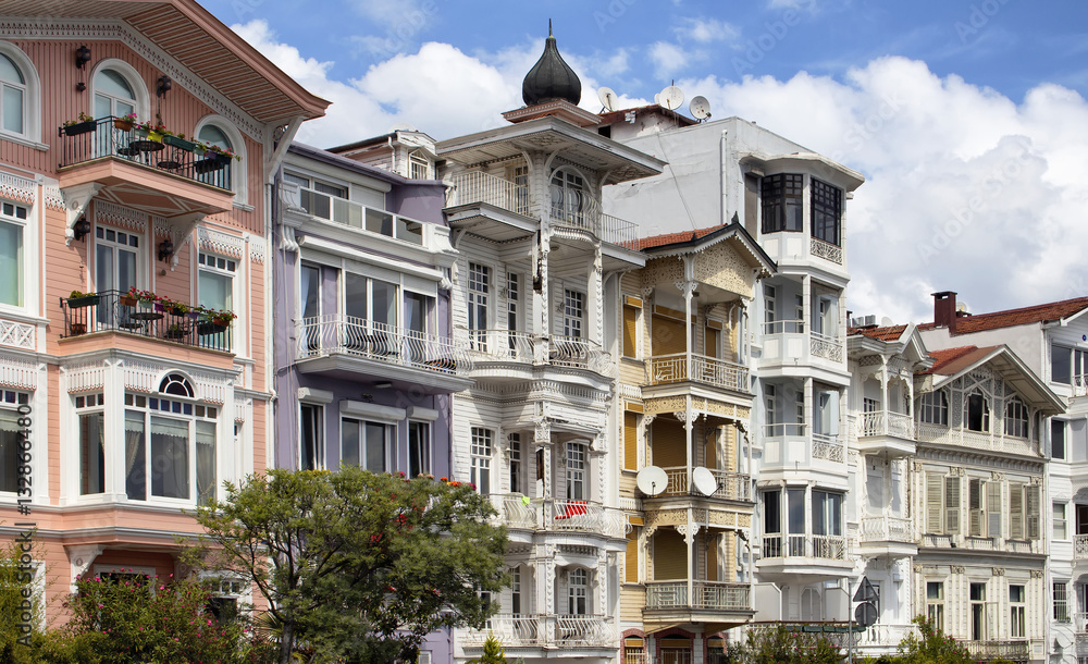 Traditional, historical, colourful, old buildings by Bosphours in Istanbul. Architectural details shows the style dated in 19th century. Historic neighborhood famous for its wooden Ottoman mansions