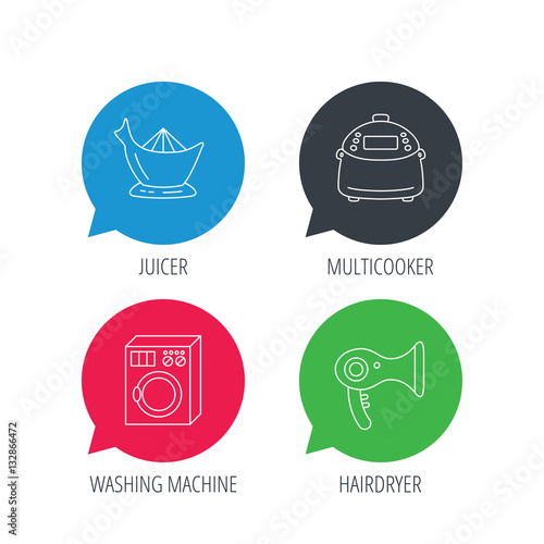 Colored speech bubbles. Washing machine, multicooker and hair dryer icons. Washing machine linear sign. Flat web buttons with linear icons. Vector