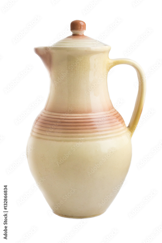 Jug with lid and handle without patterns on a white background