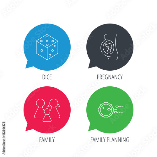 Colored speech bubbles. Pregnancy, family and family planning icons. Dice linear sign. Flat web buttons with linear icons. Vector