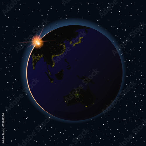 Fototapeta Naklejka Na Ścianę i Meble -  Earth sunrise vector illustration. Asia and Australia night from space.