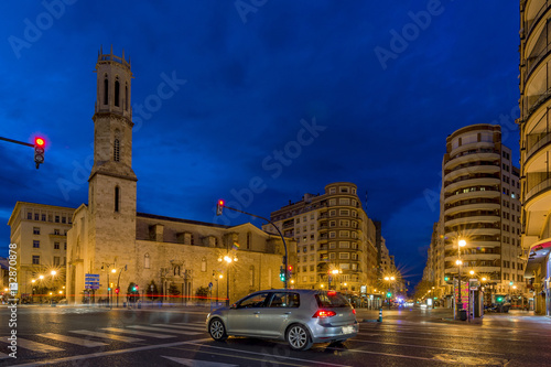 Beautiful view of the Plaza de Sant Agusti square in the historic center of Valencia, Spain, illuminated by the light of the blue hour