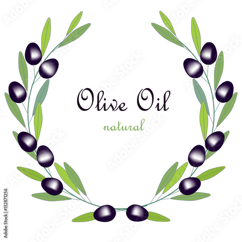 Olive Oil label, olive branch wreath with green leafs and black fruits on white, stock vector illustration