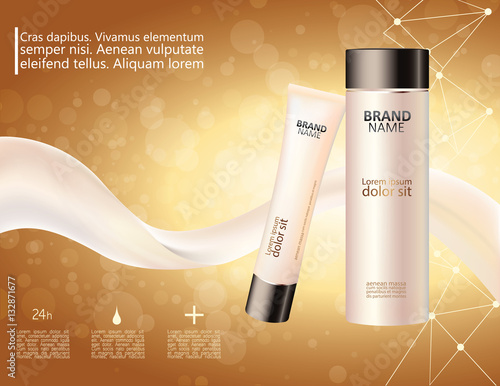 Stylish design cosmetic bottles. Face Care, tonal cream. On Gold background. Abstract vector Illustration. Advertising. EPS 10
