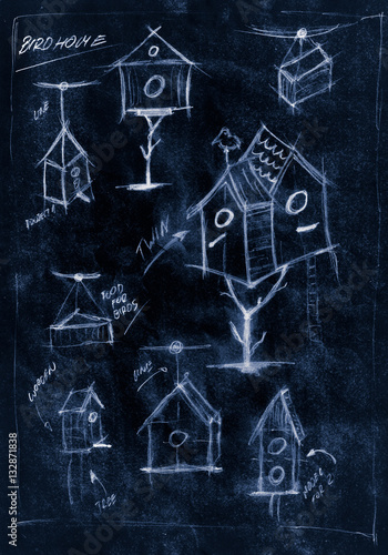 Blue handmade diagram of how to build a birdhouse