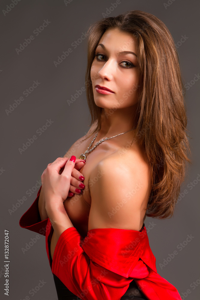brunette in a red jacket brunette in a red jacket